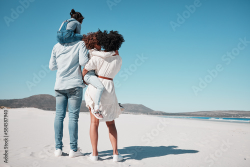 Family, back view and piggyback at beach on vacation, bonding and care at seashore. Holiday relax, summer ocean and father, mother and kids, girls or children enjoying quality time together on mockup photo