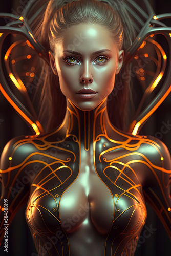 Perfectly sculpted woman strikes pose in skintight bodysuit against neon cityscape. Generative AI photo
