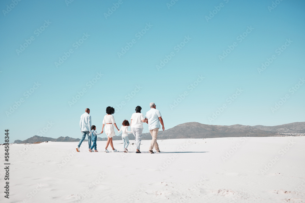 Mother, dad and children with grandparents on beach to relax on summer holiday, vacation and weekend. Happy family, parents and back of kids, grandpa and grandma for walking, bonding and quality time