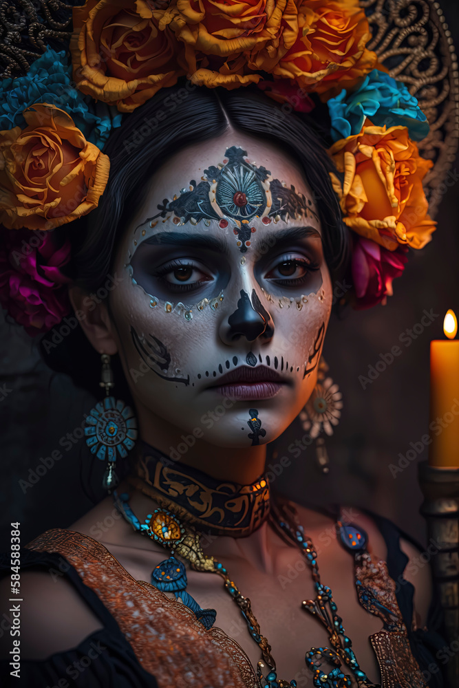 Mexican woman embodies Catrina for Day of the Dead. Generative AI