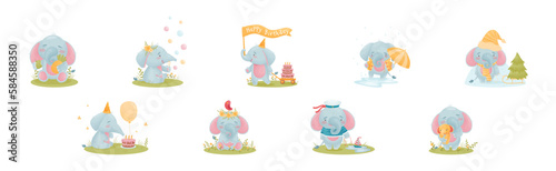 Cute Blue Elephant Character Engaged in Different Activity Vector Set