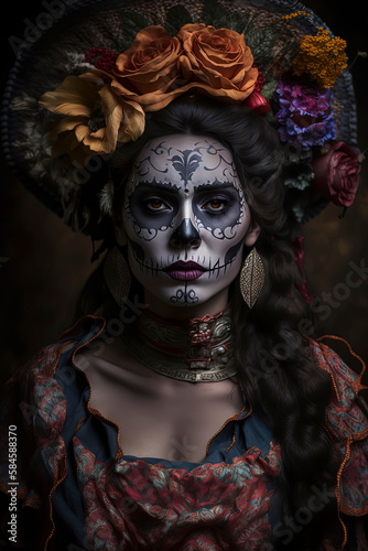 Dia de los Muertos woman with intricate Catrina makeup. Generative AI © Lemart