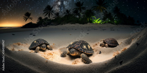 Turtle on the night beach. Created with generative Ai technology. photo