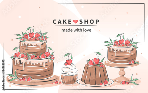 Cake shop. Set dessert and pastry dishes. Different cakes. Vector illustration