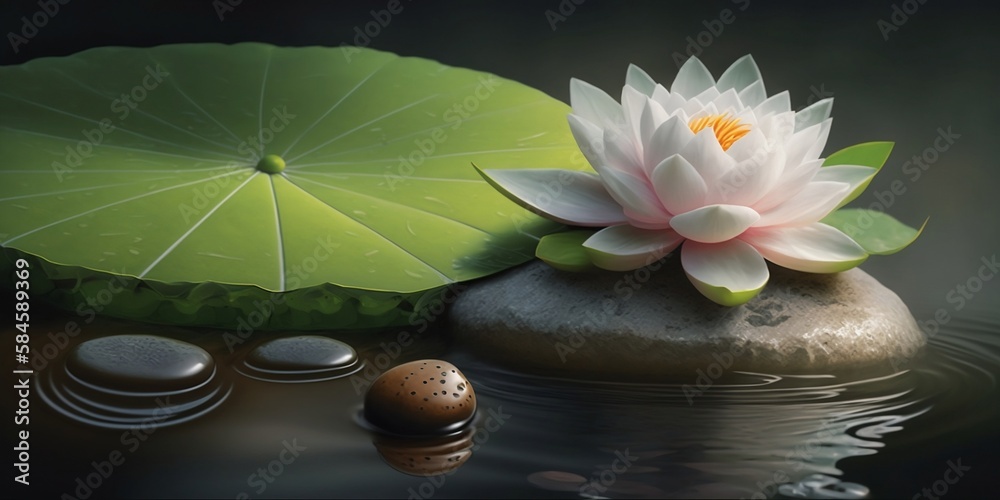 Fototapeta premium Spa still life with water lily and zen stone in a serenity pool. Generative AI
