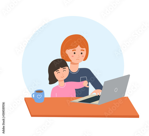 Busy woman trying to work with computer while babysitting kid. Vector illustration