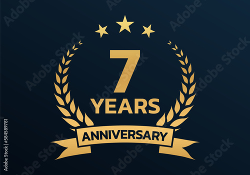 7 year anniversary laurel wreath logo or icon. Jubilee, birthday badge, label or emblem. 7th celebration design element. Vector illustration. photo