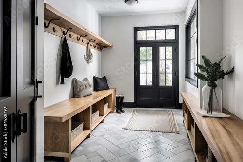Foto A stylish and functional mudroom with slate tile floors, white shaker cabinets,