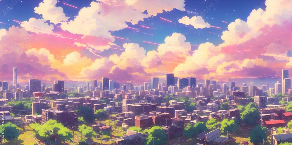 Evening City Panorama, , Sunset. Flat Anime Style Stock Vector -  Illustration of bright, cumulus: 171922571