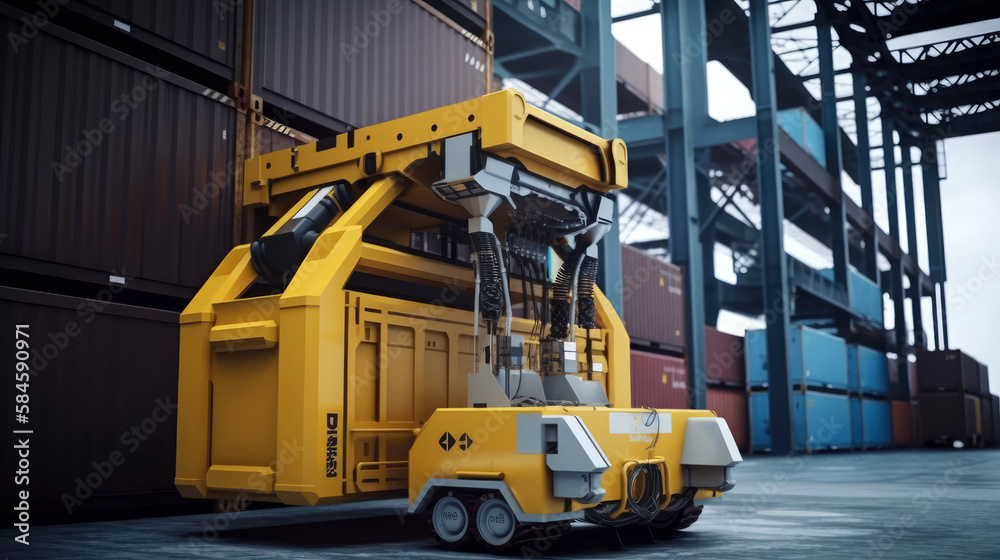 Autonomous futuristic yellow robot moves marine cargo container in modern port. Generative AI