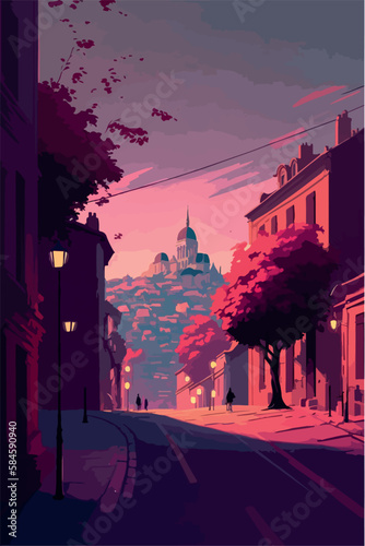 Paris city of love. Montmartre Romantic poster of france capital. Vector art painting of landmark. Magical colorful artwork. Eiffel tower and architecture. Colorful  bohemian city. 