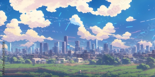 skyline city and nature, anime scene, anime background, sky and clouds, city and buildings in nature, anime illustration