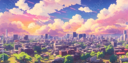 Skyline and city in nature, anime scene, anime background, buildings and nature, sky and clouds, anime illustration