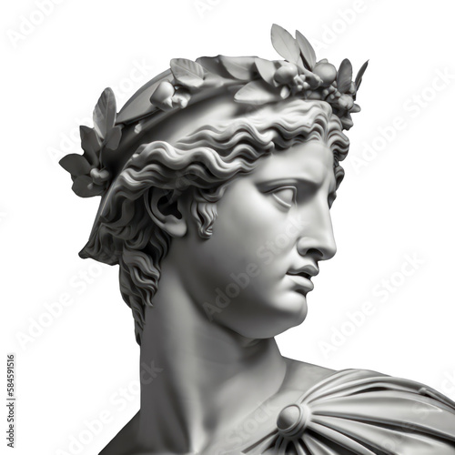 Statue of Apollo's head. Marble statue, isolated, no background, close up. History and art concept. Generative AI, no real statues or people referenced