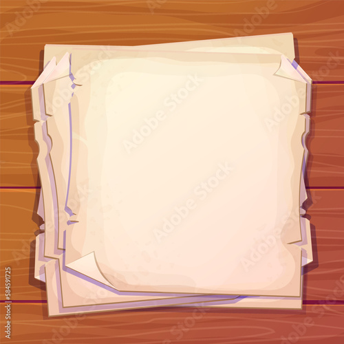 wooden desk, table with parchment paper notes top view in cartoon style. Antique document, empty pages.