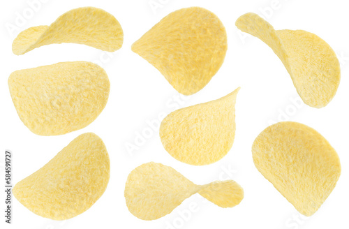 Set of potato chips slices isolated on white background