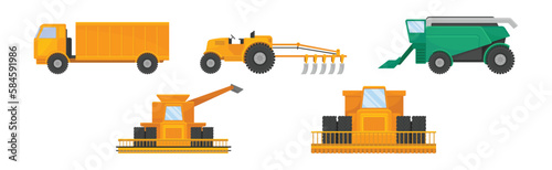 Farm Object with Machinery for Harvest and Field Work Vector Set