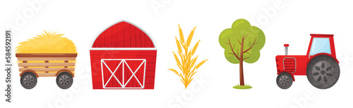 Farm Object with Hay Wagon, Barn, Tree and Tractor Vector Set