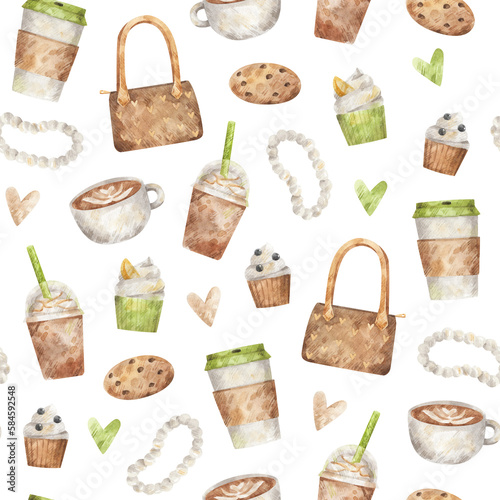 Seamless pattern with coffee cups, muffins, cookies, bags. Cute watercolor hand-drawn texture with coffee shop, cafe elements