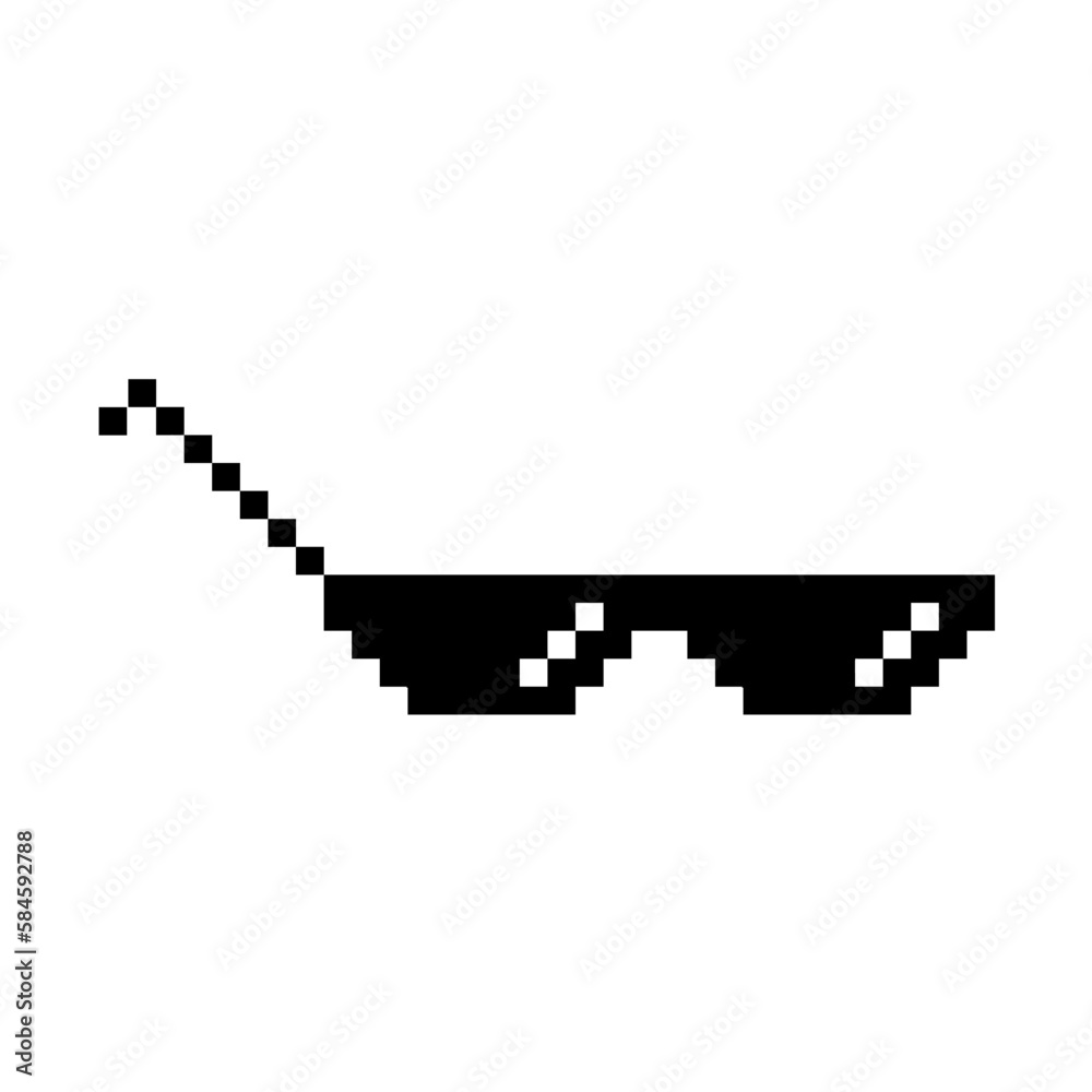 Funny Pixelated Sunglasses. Simple Linear Illustration of 8-bit Black Pixel Boss Glasses. Stylish Glasses, Great Design for Any Purpose on White Backdrop