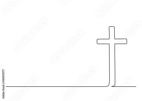 Catholic cross with copy space background, continuous single line drawing. Traditional religion symbol. Church sign cross one line art. Vector illustration