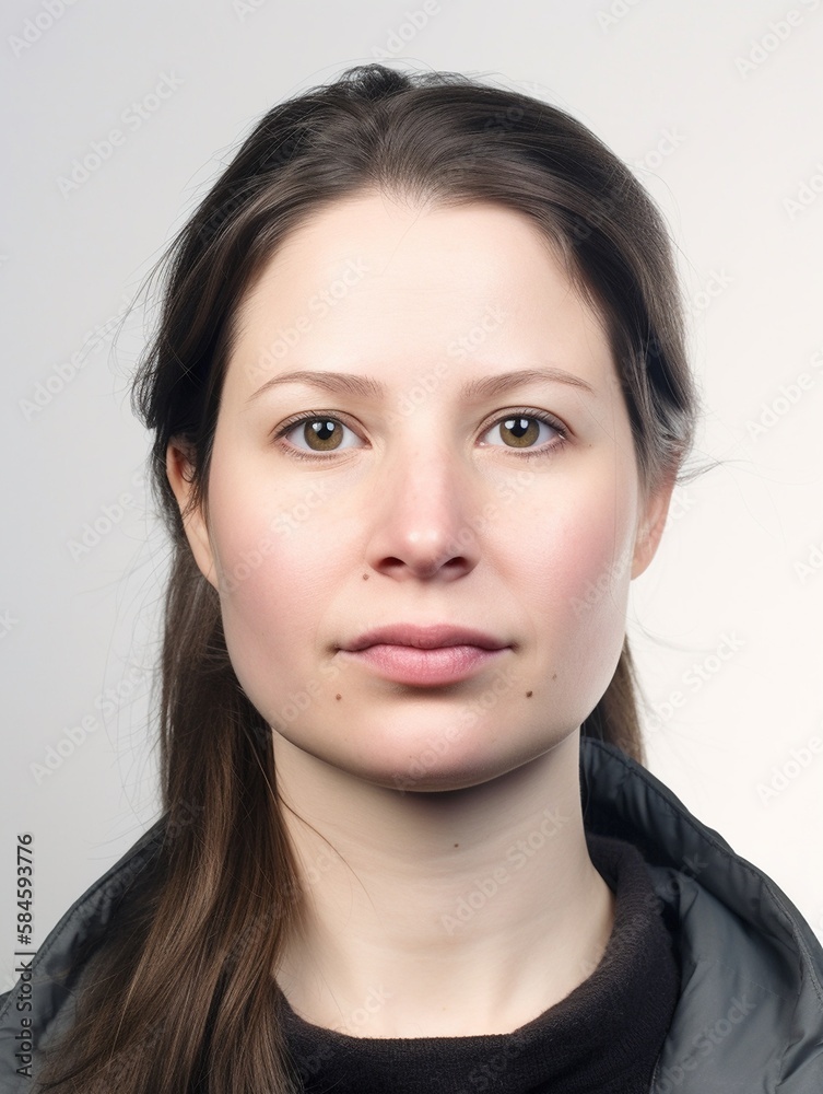 Passfoto biometrisch einer Frau im Porträt, ai generativ Passfoto biometrisch einer Frau im Porträt, ai generativ
