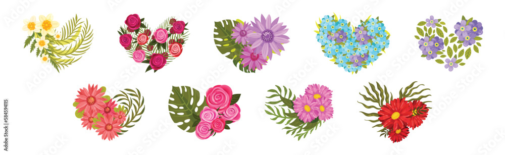 Floral Blooming Heart Shape with Fragrant Blossom and Foliage Vector Set