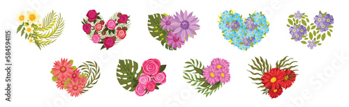Fototapeta Naklejka Na Ścianę i Meble -  Floral Blooming Heart Shape with Fragrant Blossom and Foliage Vector Set