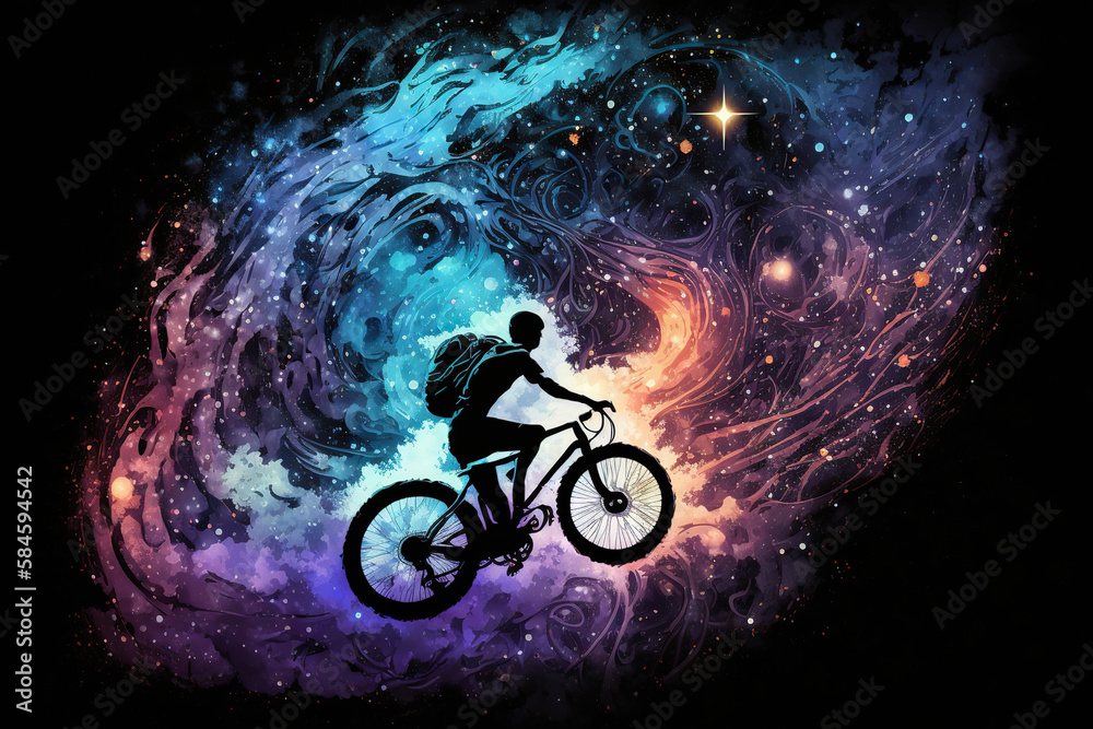 riding a bike in the universe, colorful surreal silhouette, Generative AI