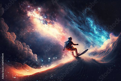 surreal snowboarding in the galaxy, colorful universe, Generative AI © Dianne