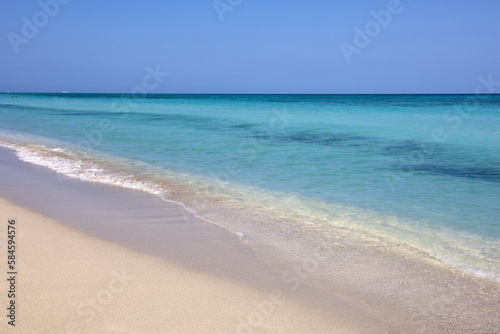 Tropical beach with white sand on a ocean  view to blue waves and sky. Caribbean coast  background for holidays on a paradise nature