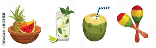 Cuba Symbols with Juicy Fruits, Cocktail and Maraca Vector Set