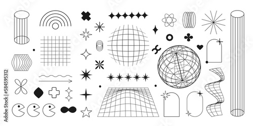 Aesthetic y2k geometric isolated shapes. Simple line art design elements. Vector illustration on transparent background.
