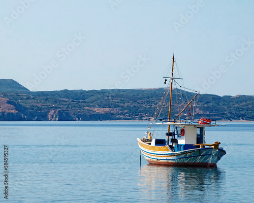 A traditional fishing boat "kaiki" lay on the blue, calm sea. Travel to Greek islands.