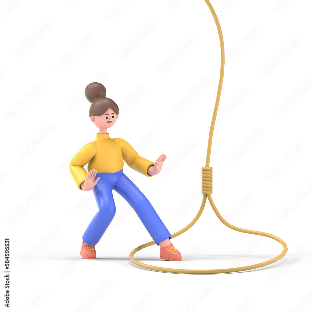 3D illustration of Asian woman Angela was caught in a rope loop. Man in captivity.Trap concept.3D rendering on white background.
