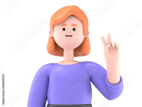 3D illustration of smiling European businesswoman Ellen winking at the camera doing victory sign. Number two.3D rendering on white background.
 photo