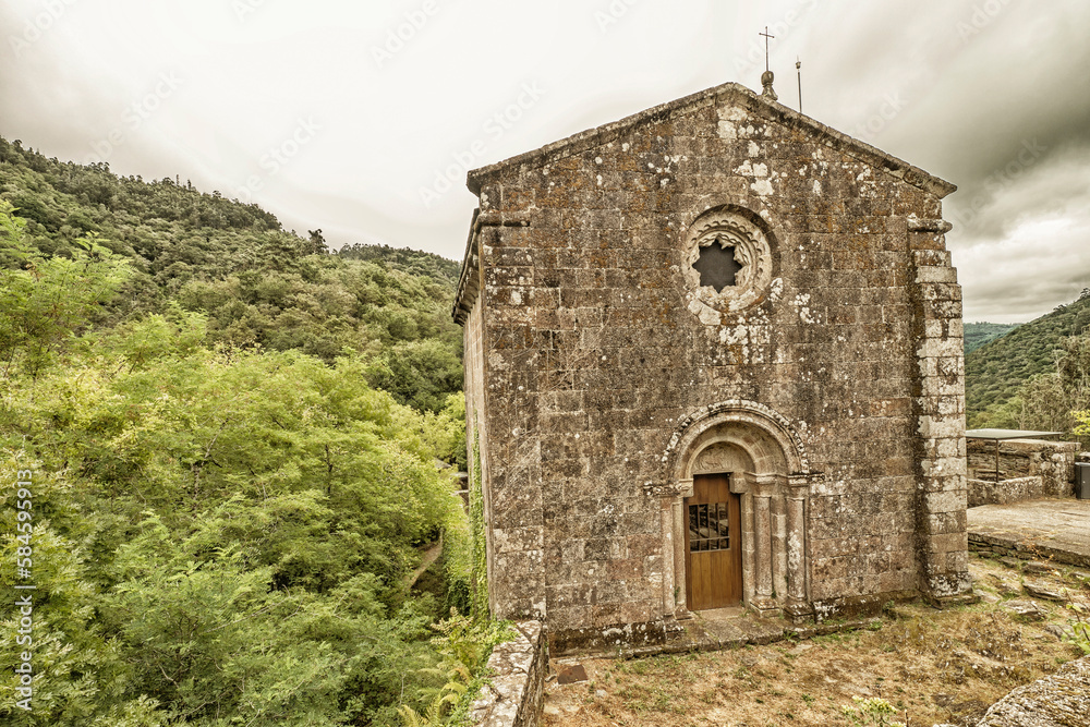 Fototapeta premium Monastery of San Xoán de Caaveiro, 11th Century Romanesque Style, Fragas do Eume Natural Park, Pontedeume, La Coruna, Galicia, Spain, Europe