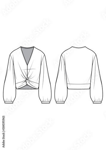 Womens fashion twist detailed long sleeve top technical drawing / flat sketch /CAD / ADOBE Illustrator vector digital download