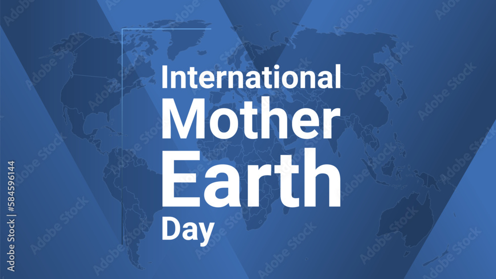 International Mother Earth Day holiday card. Poster with earth map, blue gradient lines background, white text.