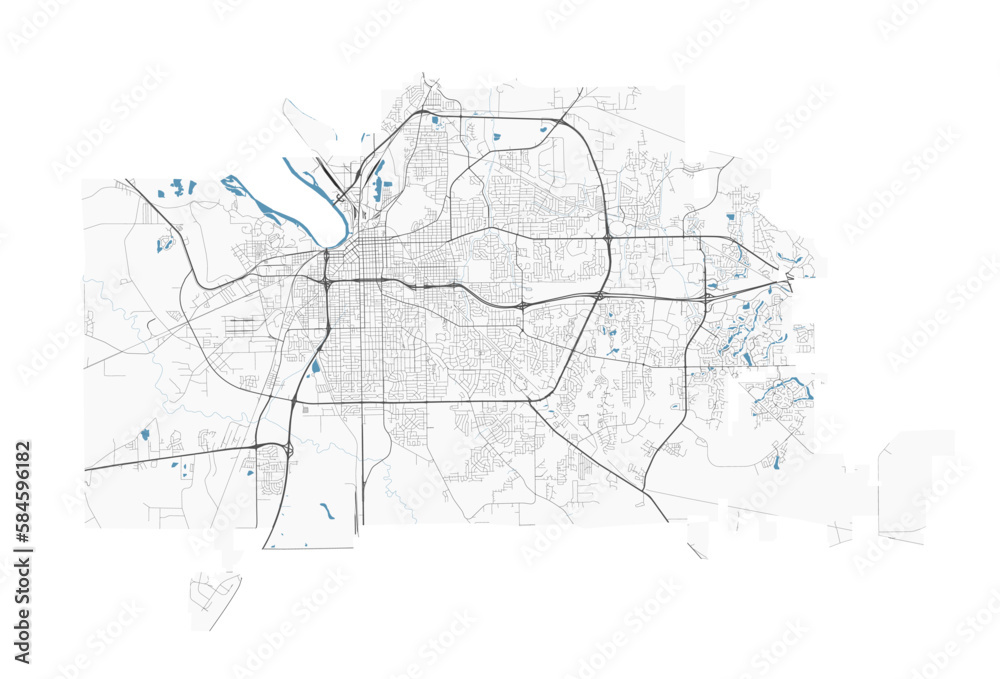 Montgomery, Alabama map. Detailed map of Montgomery city administrative area. Cityscape panorama illustration. Road map with highways, streets, rivers.
