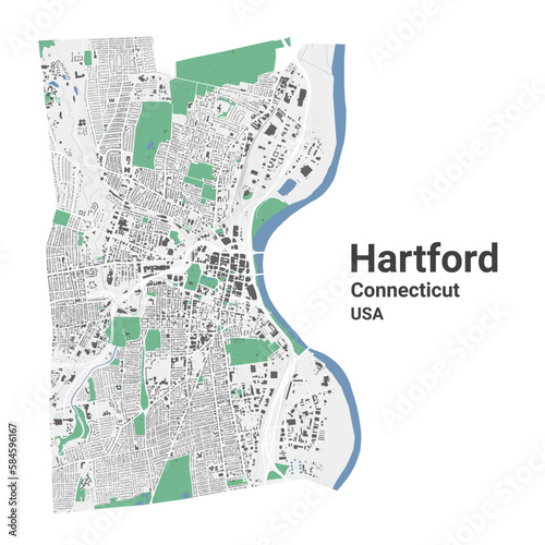 Hartford map, capital city of the USA state of Connecticut. Municipal administrative area map with buildings, rivers and roads, parks and railways.