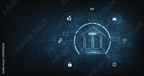Online banking technology concept.Isometric illustration of the bank on dark blue background. Digital connect system. Financial technology concept.Vector illustration.EPS 10.	