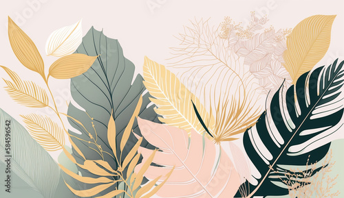 a colorful illustration of tropical leaves on a pink background. Generative Ai