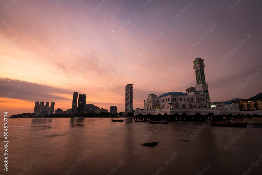 Sunrise view of Tanjung Bunga floating mosque.