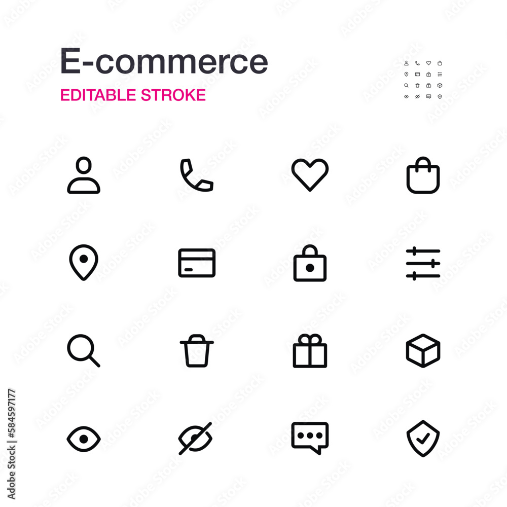 E-commerce icons set. Outline editable icons. Set of vector line icons. Simple thin line design. E-commerce icons set. Outline editable icons. Set of vector line icons. Simple thin line design.