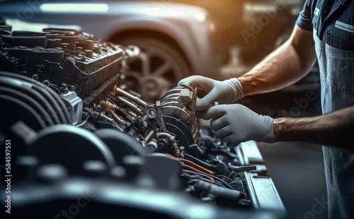 Mechanic repairing a car engine in car service workshop with a wrench, car service and maintenance concept