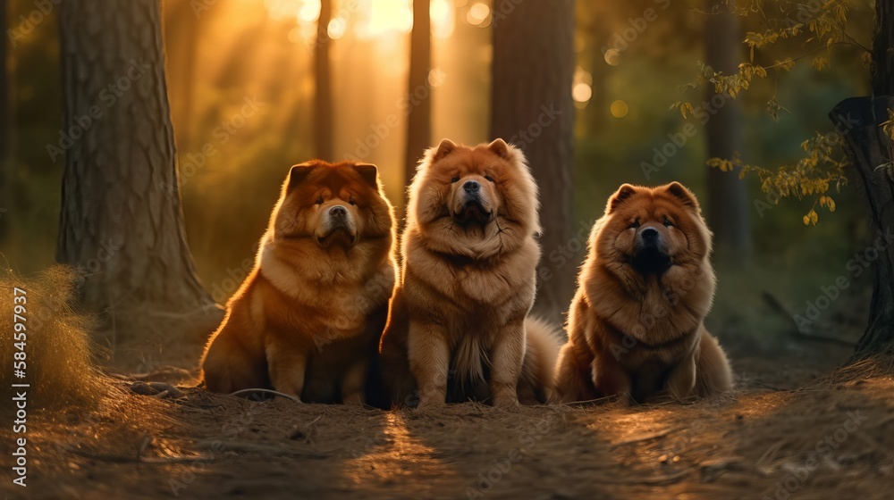 Three chow-chow dogs portrait autumn woodland fall scene.