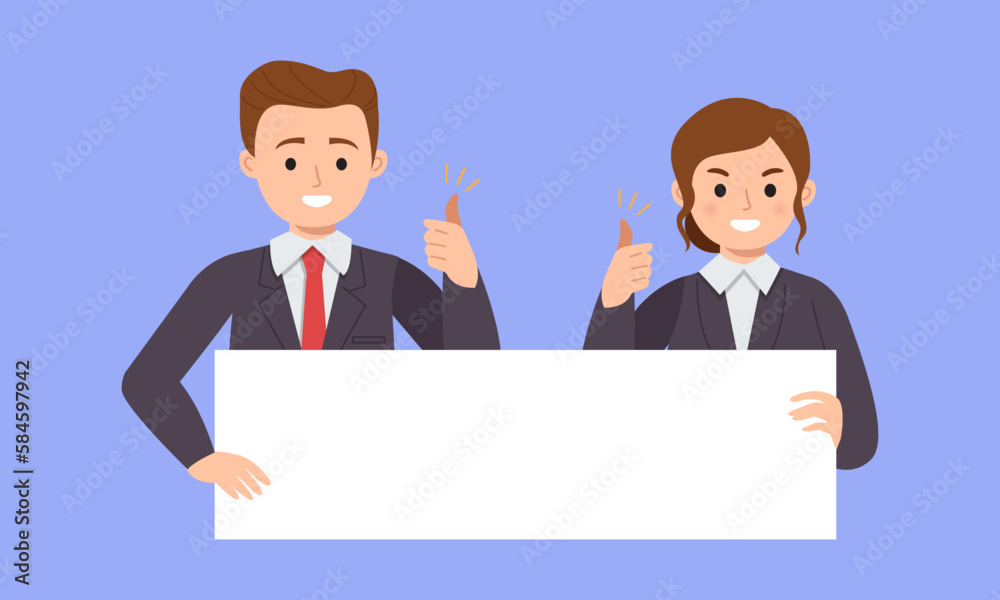 Business man and woman holding a blank board. Flat vector cartoon design Business man and woman holding a blank board. Flat vector cartoon design