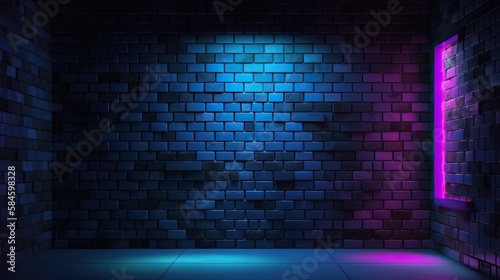 Neon shapes on a dark brick wall. Ultraviolet lighting. Brick wall, concrete floor , digital ai art