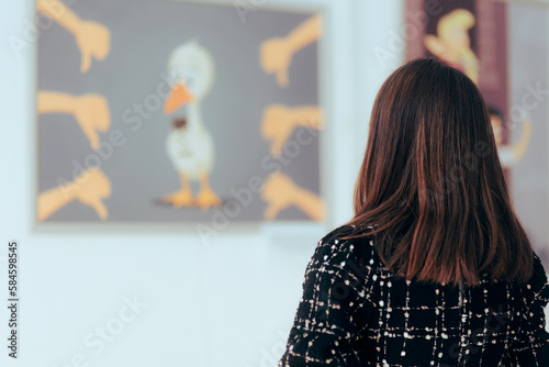 Woman Looking at a Painting in an Art Gallery. Art critic visiting an exhibition checking modern satirical illustrations 